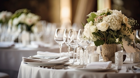 Elegant gedeckter Tisch mit weißen Blumenarrangements, Weingläsern und gefalteten Servietten in einem stilvollen Veranstaltungsraum.